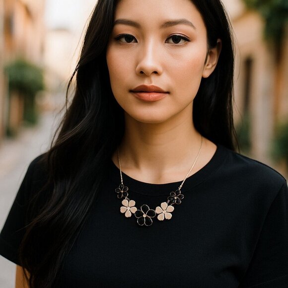 Flower Statement Necklace Silver Tone Black Cream Adjustable Length Rhinestone C - Picture 1 of 5